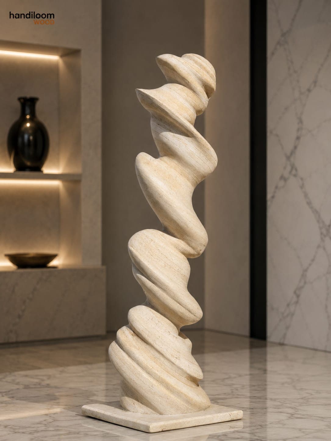 Handcrafted Teakwood Sandstone Abstract Spiral Floor Sculpture - View 1
