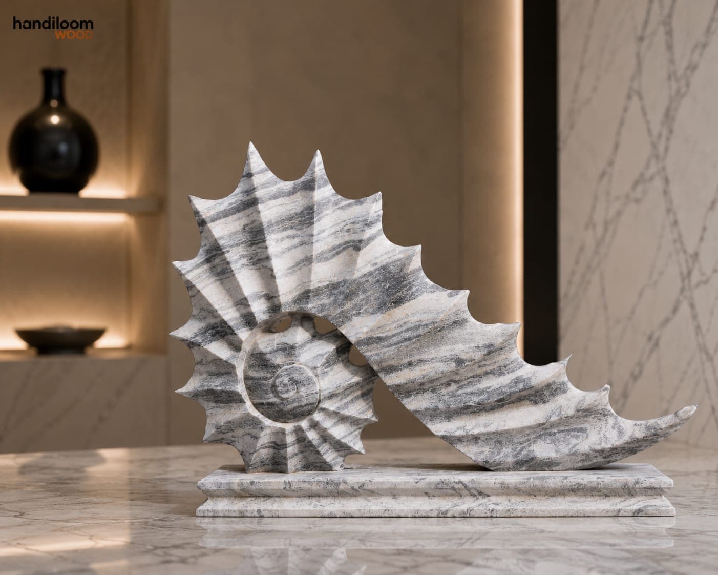 Handcrafted Exotic Grey Marble Nautilus Shell Sculpture